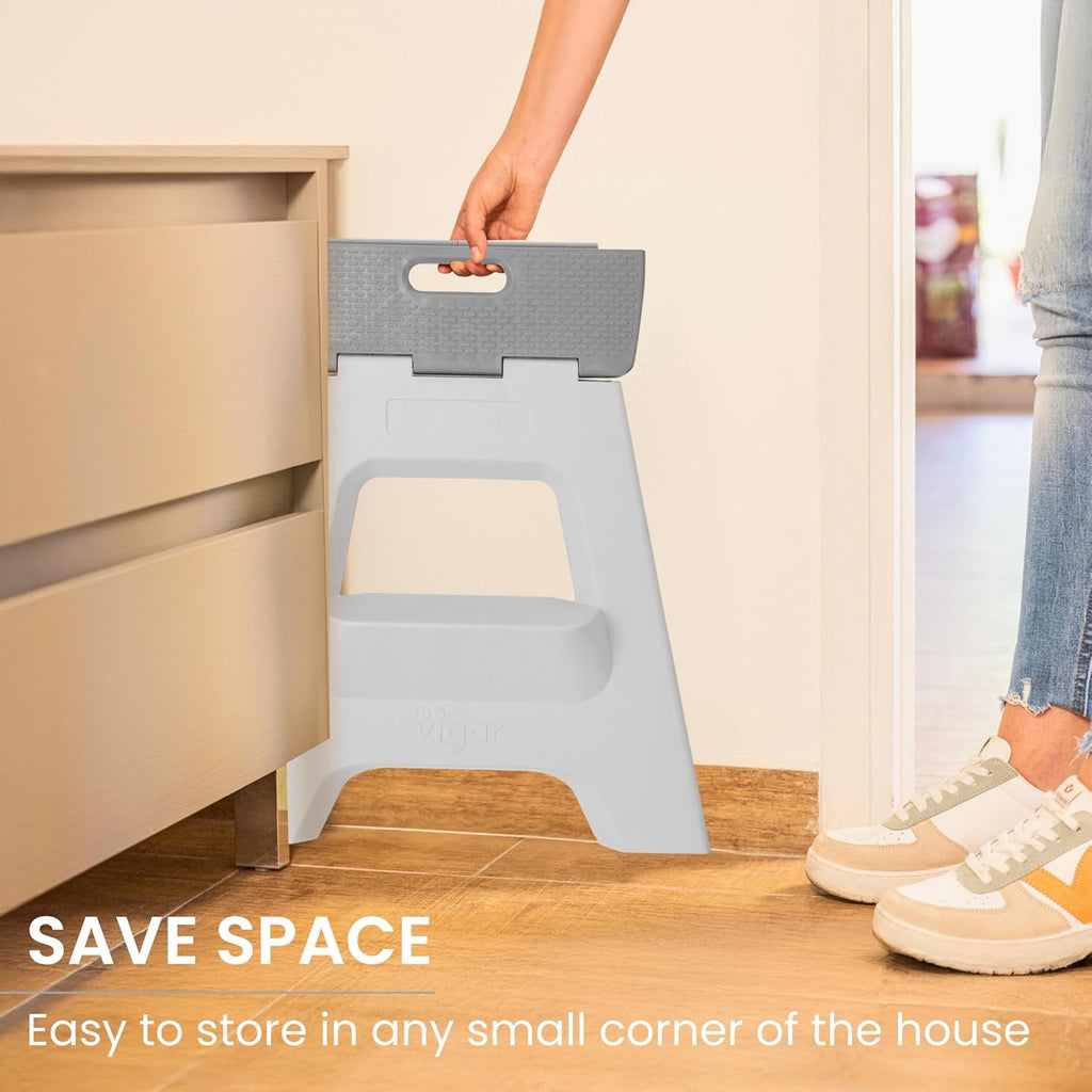 Vigar Compact Folding Step Stool - 16 Inch 2 Step Foldable Step Stool for Adults, Lightweight Portable Stool with Handle, Non Slip Step Stool, Space-Saving Stool up to 330 lb - Gray