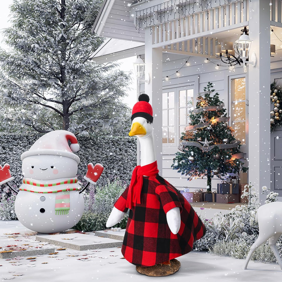 Christmas Red and Black Buffalo Plaid Goose Outfit Clothes for 23" High Cement or Plastic Goose Lawn Clothing Porch Garden Costume for Yard Outdoor Patio Statue Xmas Holiday Decor
