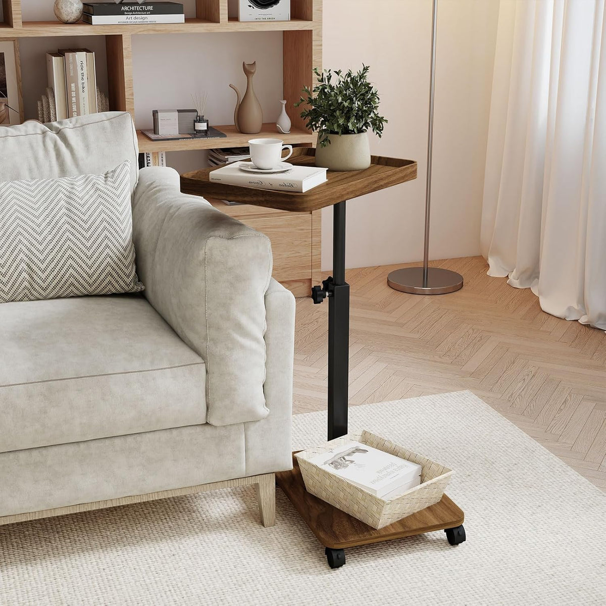 End Table, Adjustable Height Side Table, 360° Rotating MDF Veneer Sofa Side Table with Lockable Wheels, C-Shaped TV Tray Table for Living Room Bedroom (Walnut Brown)