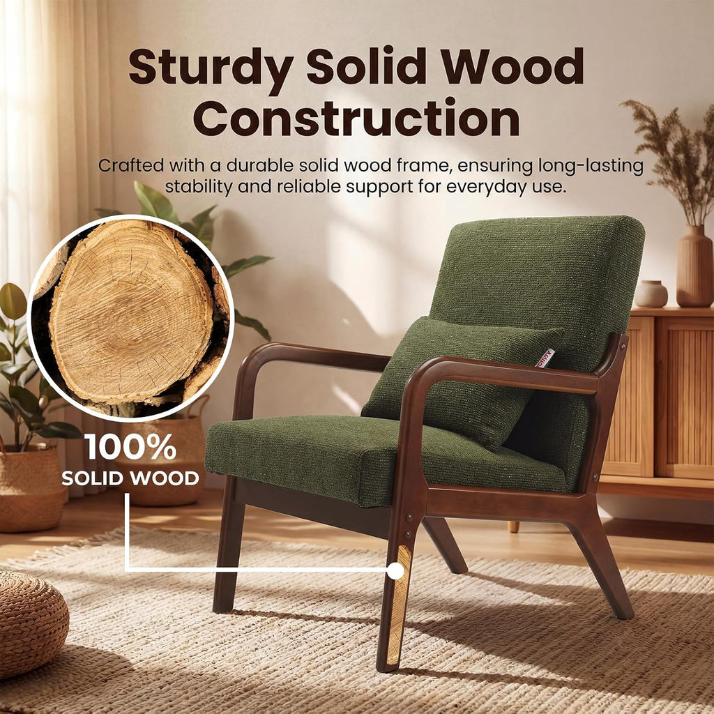 Achicsofar Accent Chair Mid Century Modern Armchair with Lumbar Support Pillow Wood Legs PU Leather Upholstered Lounge Chairs Comfy High Back Cushion for Living Room Bedroom