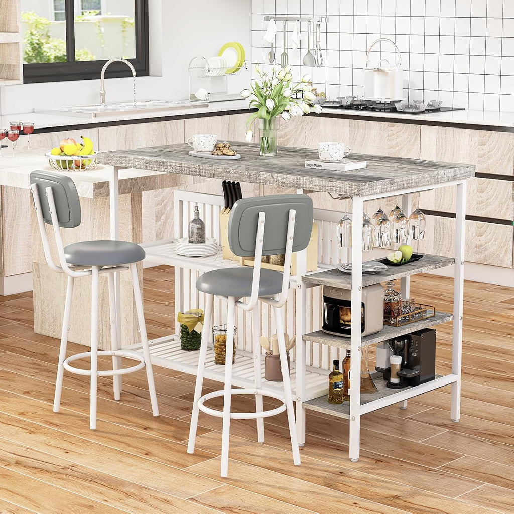 DKLGG 3 Piece Dining Table Set for 2,Kitchen Island with Seating & Storage,Industrial Bar Table and Chairs Set,Space-Saving Pub Table Set for Small Space (Grey)