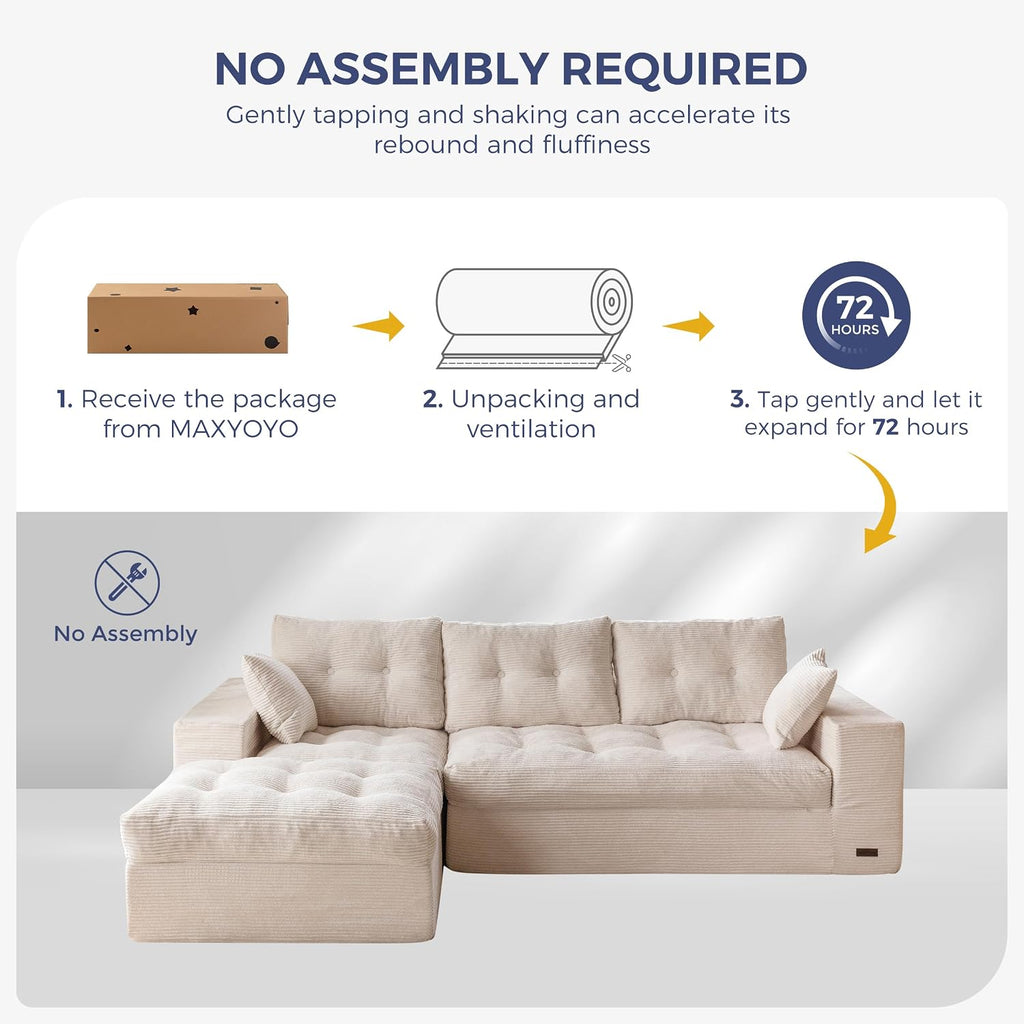 MAXYOYO Couch, 96-Inch L-Shaped Cloud Couch with Ottoman | Beige Layered Cushioning and Flexible Modules Create an Upholstered Sofa in a Box with No Assembly for Spacious Living Rooms.