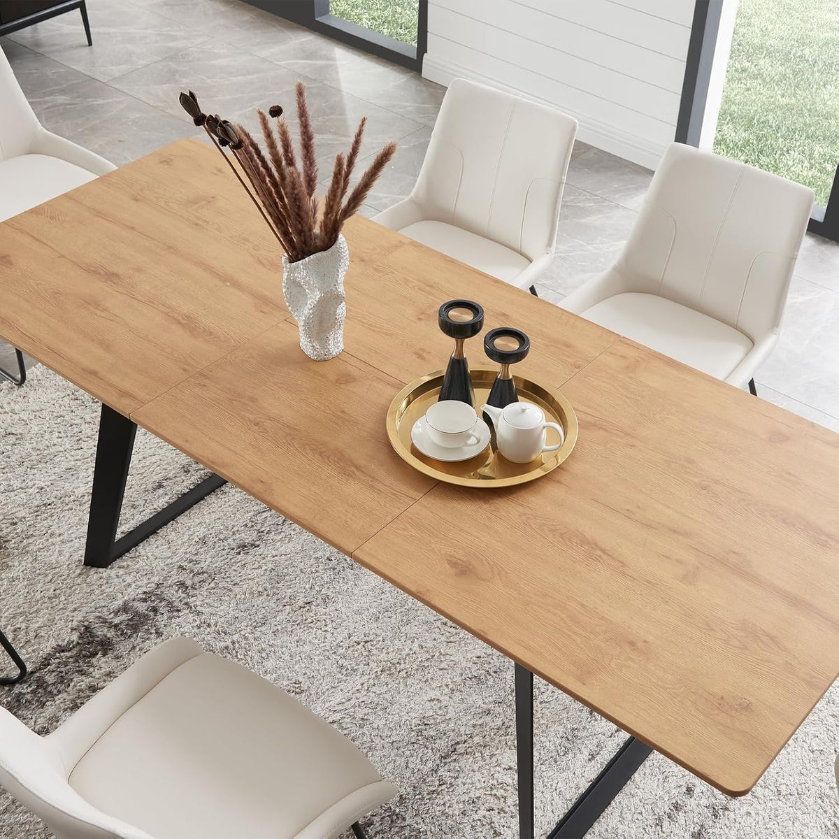 ZckyCine 51‑67 Inch Expandable Dining Set with 6 PU Leather Chairs, Wooden Furniture for Small‑Size Homes