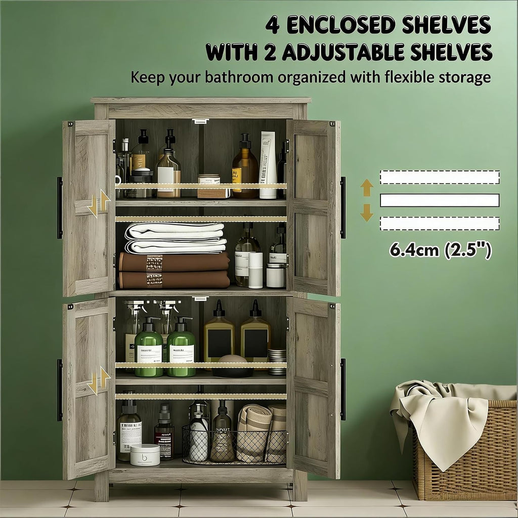 Kitchen Pantry Cabinet, 43.3” Wood Pantry Storage Cabinet with 4 Doors and 2 Adjustable Shelves, Freestanding Food Cabinet for Pantries, Kitchen, Livingroom, Dining Room, Light Gray