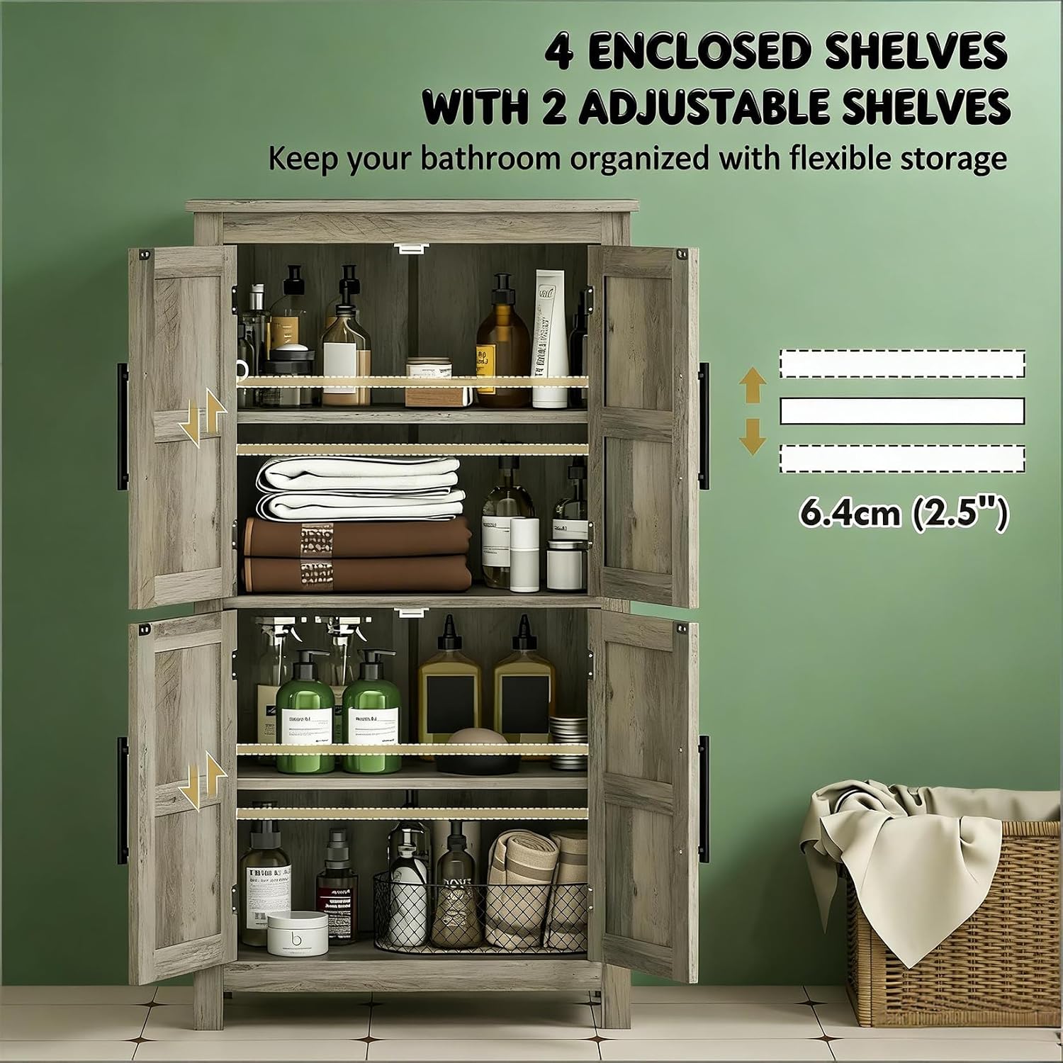 Kitchen Pantry Cabinet, 43.3” Wood Pantry Storage Cabinet with 4 Doors and 2 Adjustable Shelves, Freestanding Food Cabinet for Pantries, Kitchen, Livingroom, Dining Room, Light Gray