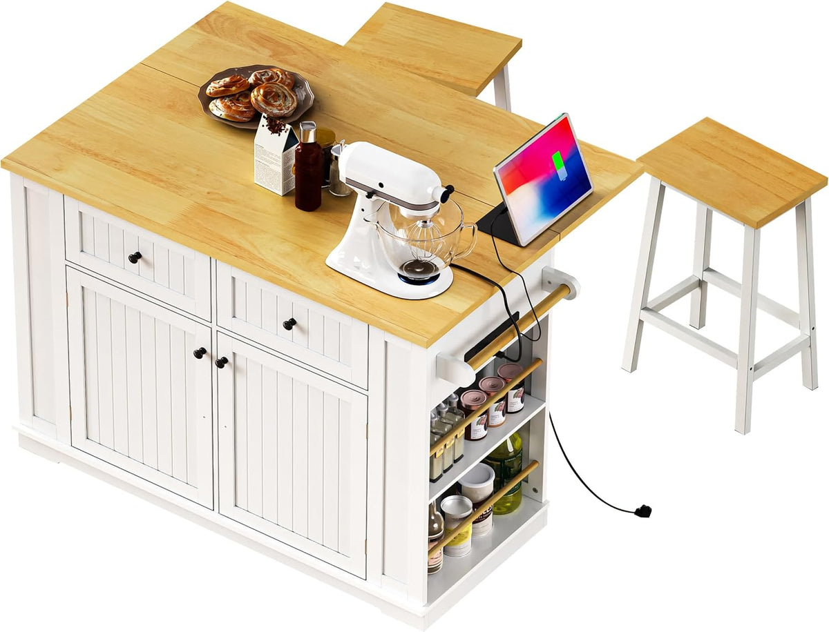48" Kitchen Island with Drop Leaf, Power Outlet and Wheels | Drop Leaf Extension, Built-In Power Outlet, Rolling Wheels, 48 Inch Width, Kitchen Storage