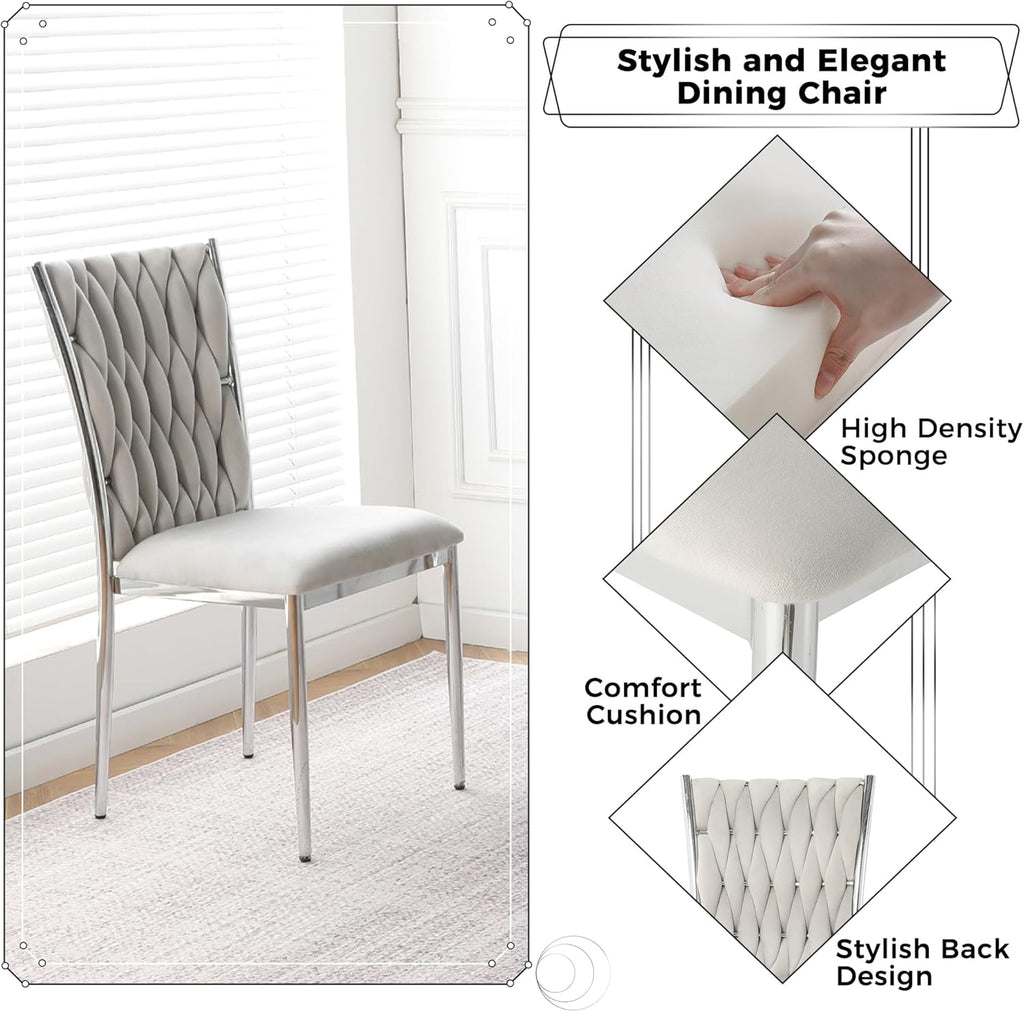 Velvet Dining Chairs Set of 6, Modern Woven Kitchen Chairs with Silver Metal Legs, Upholstered Cushion with High Back, Dirt Resistance, Easy to Install, for Living Room, Dining Room - Light Grey