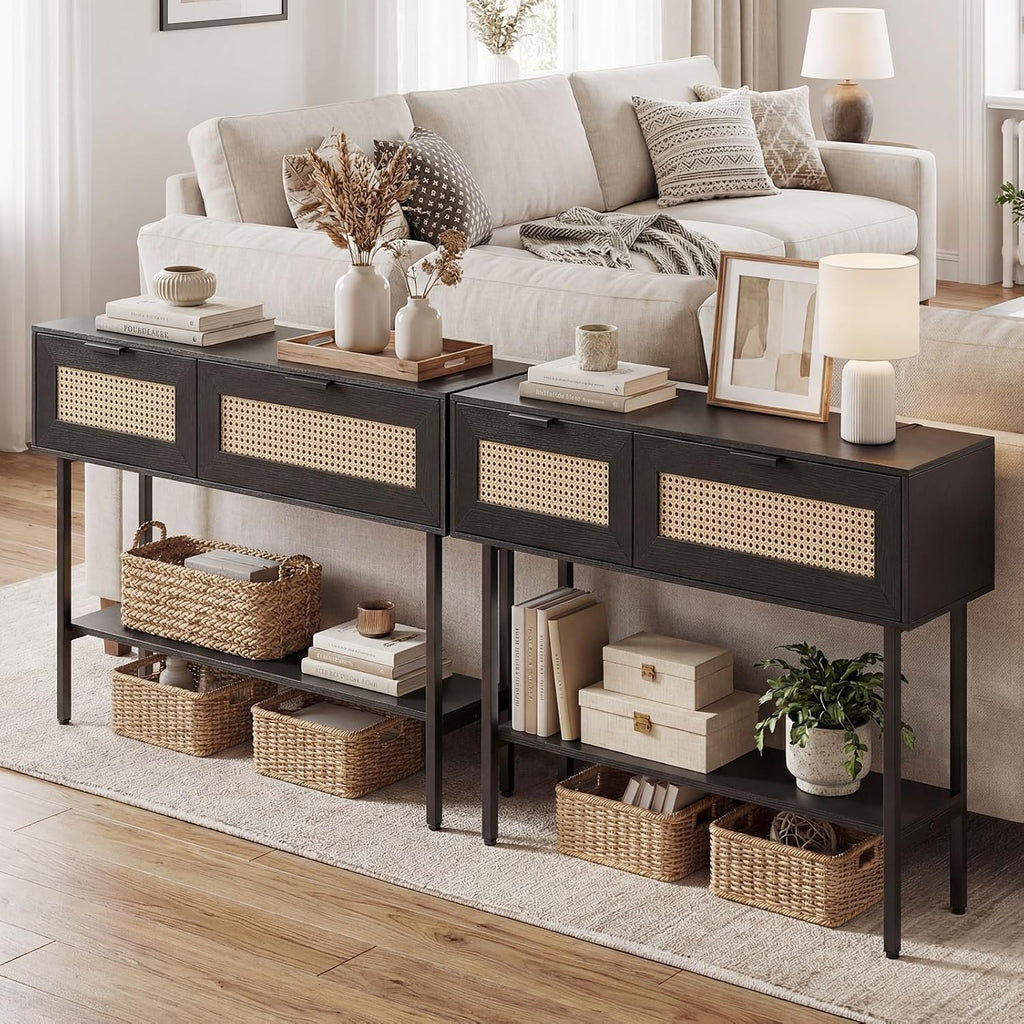 Giantex Rattan Console Table with Storage, 40" Boho Entryway Table w/ 2 Flip Door Cabinets & Shelf, Metal Frame, 2 Anti-Tipping Kits, Narrow Long Behind Couch Sofa Table for Entrance Hallway, Black