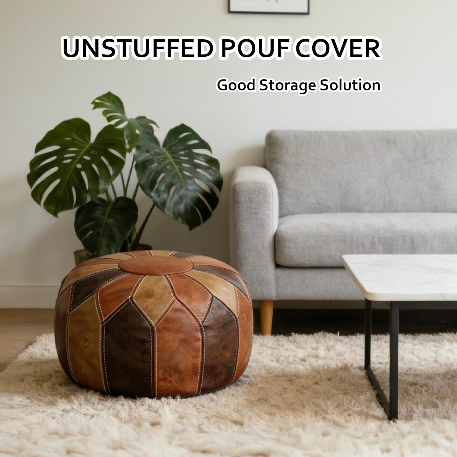 Thgonwid Round Unstuffed Pouf Cover, Faux Leather Storage Ottoman, Boho Moroccan Foot Stool, Multi-Purpose Home Decor for Living Room, Bedroom and Balcony, Retro Moroccan Color, No Filling Included