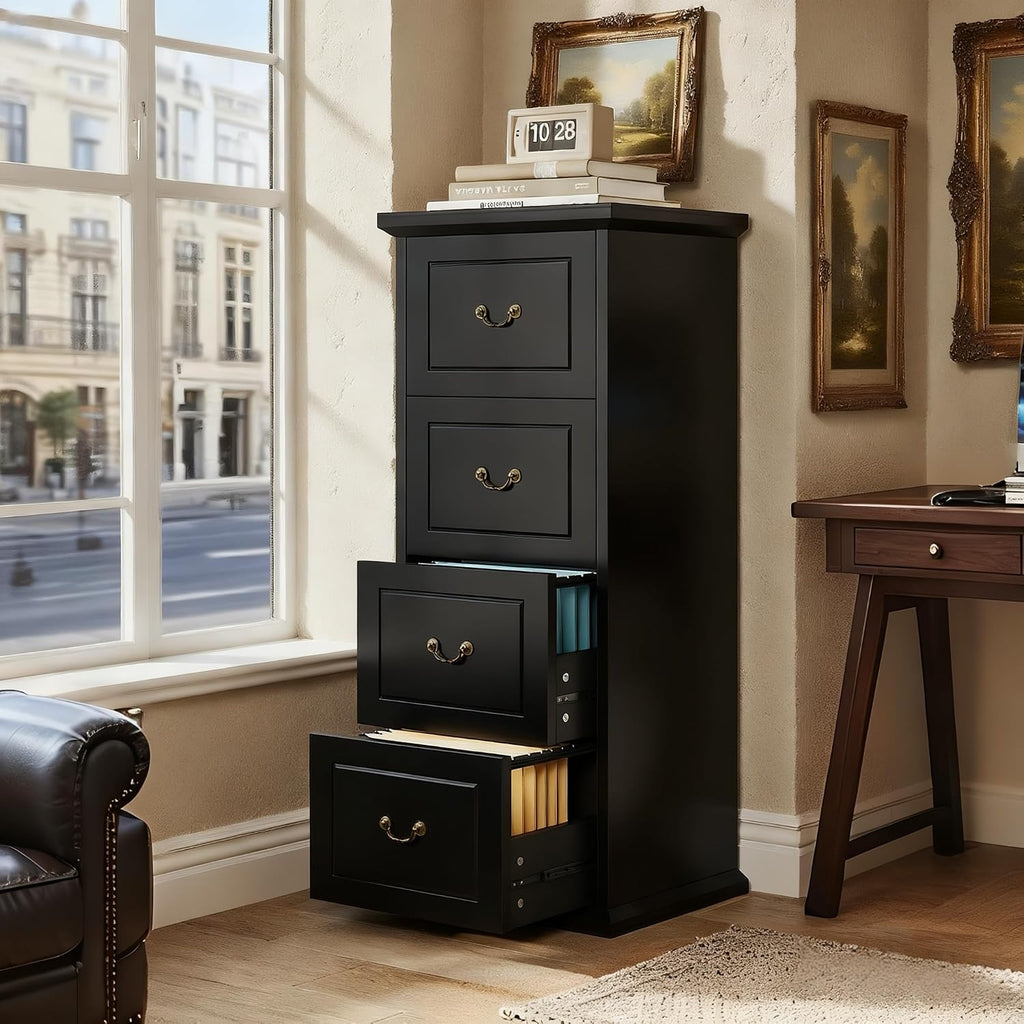 Tribesigns 4-Drawer File Cabinet for A4/Letter/Legal Files, Black | Tall Wooden Filing Cabinet, Vertical File Storage Printer Stand with Hanging Rails for Home Office, Modern Vintage Style