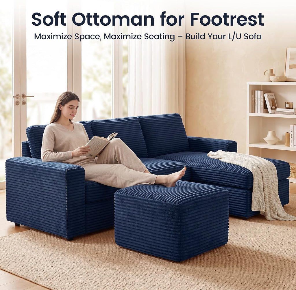27.6" Floor Ottoman, Plush Corduroy Ottoman Foot Rest for Couch in a Box, Compressed Soft Foam Footrest No Assembly Require, Large Square Footstool for Living Room, Bedroom, Blue