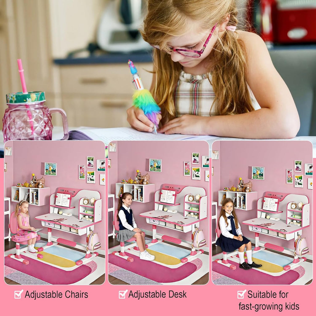 [Fast Arrival] Kids Study Desk and Chair Set - Height Adjustable Kids Writing Desk with Chair, Girls Learning Table with Large Writing Board for Bedroom, Ideal Gifts for Children Boys Girls 6-12