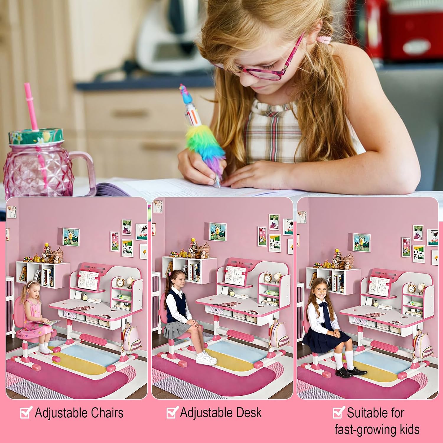[Fast Arrival] Kids Study Desk and Chair Set - Height Adjustable Kids Writing Desk with Chair, Girls Learning Table with Large Writing Board for Bedroom, Ideal Gifts for Children Boys Girls 6-12