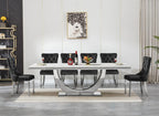 94.5" Large Faux Marble Dining Table Set for 8, Luxury Kitchen Table Set with 8 Chairs, Modern 9-Piece Dining Room Set with White Silver Dinner Table and 8 Black Upholstered Chairs