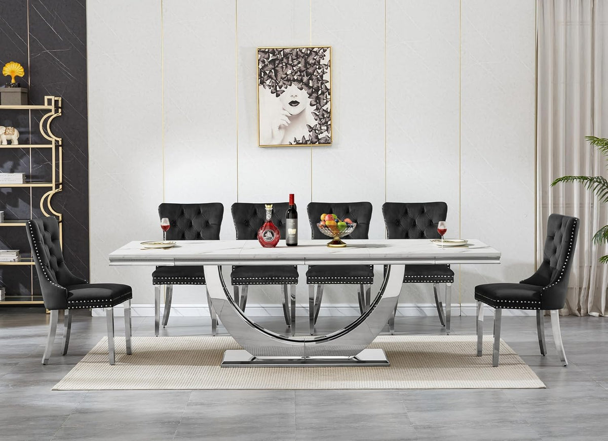 94.5" Large Faux Marble Dining Table Set for 8, Luxury Kitchen Table Set with 8 Chairs, Modern 9-Piece Dining Room Set with White Silver Dinner Table and 8 Black Upholstered Chairs