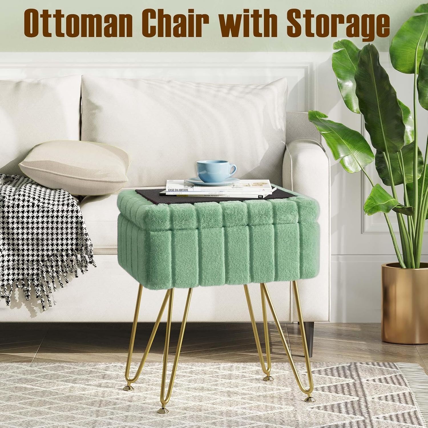 Greenstell Vanity Stool Chair Faux Fur with Storage, 15.7"L x 11.8"W x 19.4"H Soft Ottoman 4 Metal Legs with Anti-Slip Feet, Furry Padded Seat, Modern Multifunctional Chairs for Makeup, Bedroom,Green