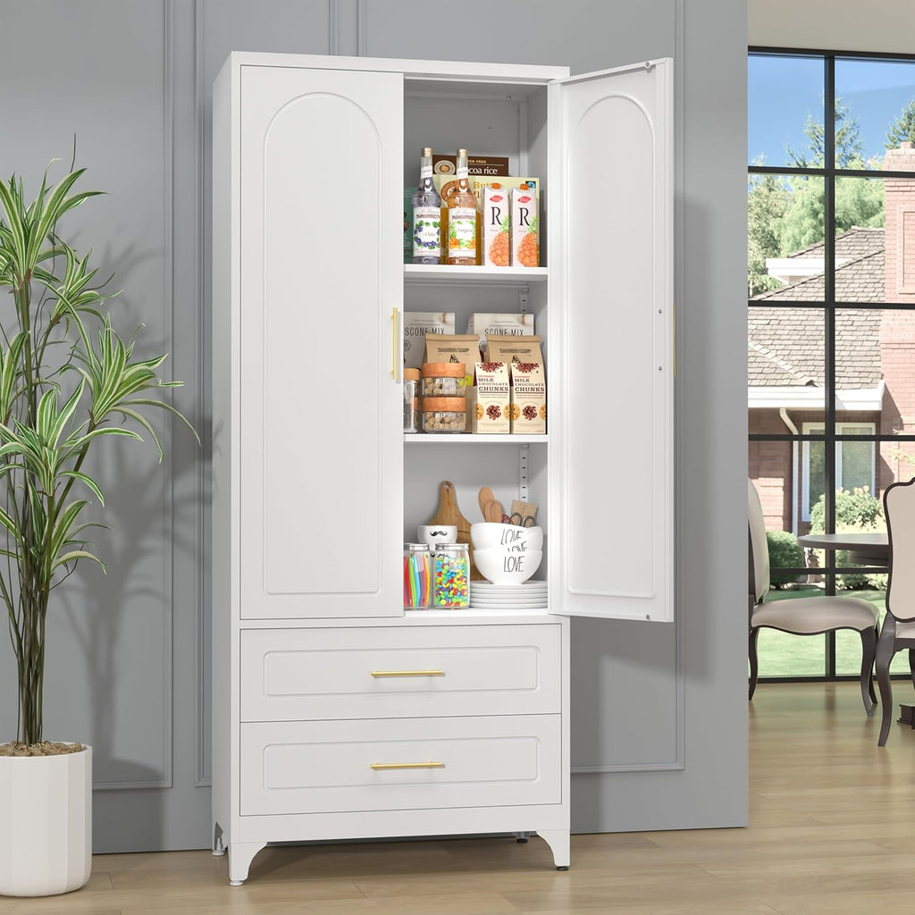 SteeLoong 75" Kitchen Pantry Cabinet,Metal Storage Cabinets with 2 Drawers,Pantry Cabinet with Doors and Shelves,White Tall Storage Cupboard for Living Room, Dining Room Office