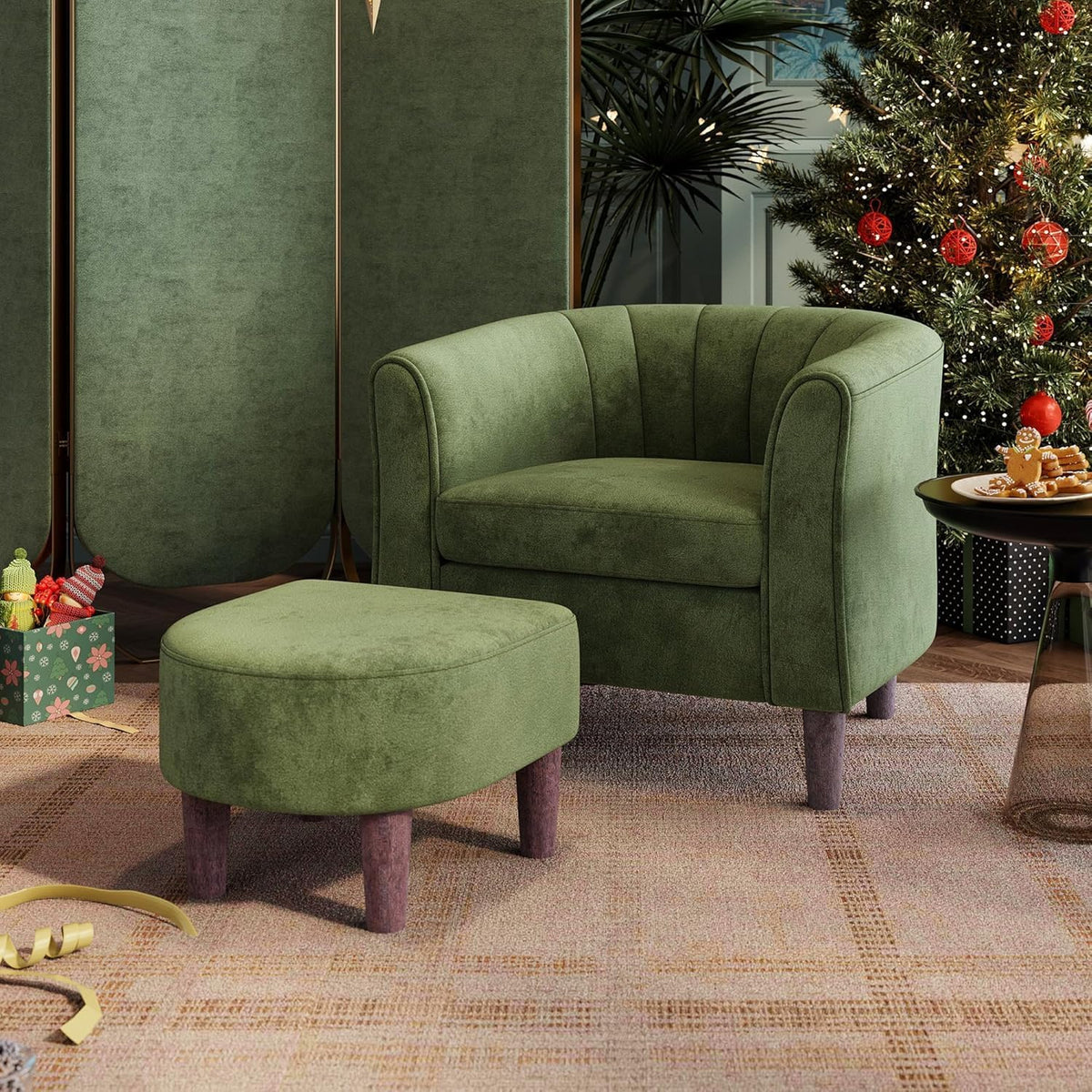 LINSY Accent Chair with Ottoman, Modern Armchair Comfy Barrel Reading Chair with Footrest for Living Room Bedroom Reading Room, Velvet, Olive Green