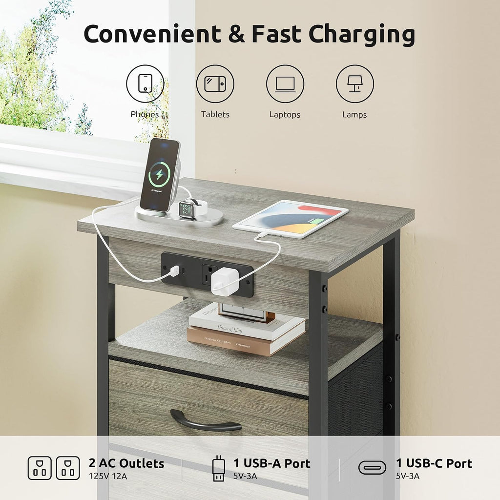 Lazzanto Night Stand with Charger Station, 2 Fabric Drawers, Grey | Nightstand, Bedside Table, Open Shelf, Built in USB-A, USB-C Port & AC Outlets, For Bedroom, Dorm, Living Room