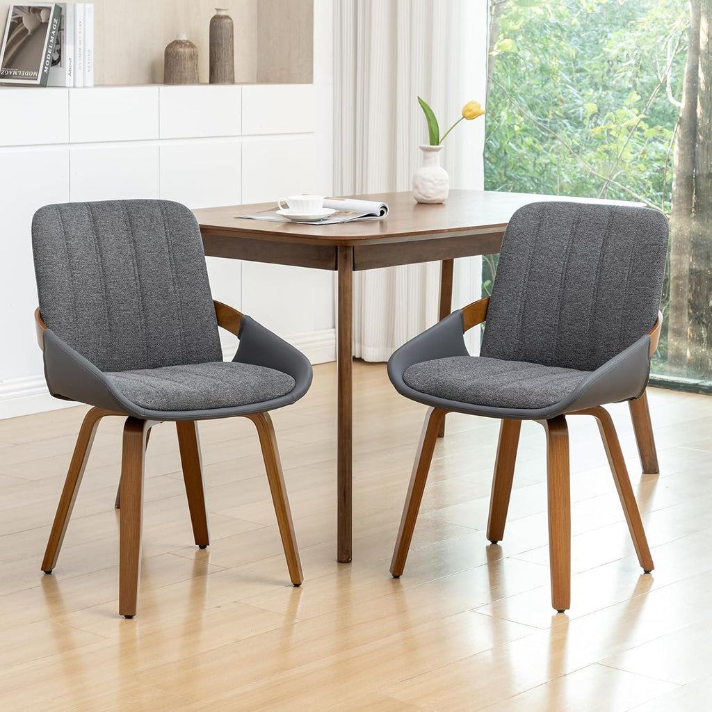 Dining Room Chairs Set of 2, Mid Century Modern Gray Fabric+Faux Leather Kitchen Chairs No Arms,Bamboo Legs Side Chairs No Wheels,Accent Chair for Dining Rooms