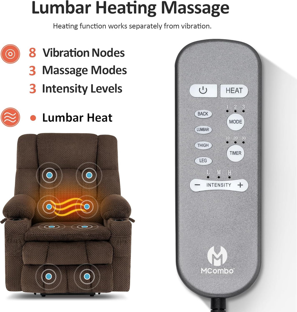MCombo Dual Motor Power Lift Recliner Chair with Massage and Heat for Elderly People, Infinite Position, USB Ports, Cup Holders, Fabric 7890 (Medium, Mocha)