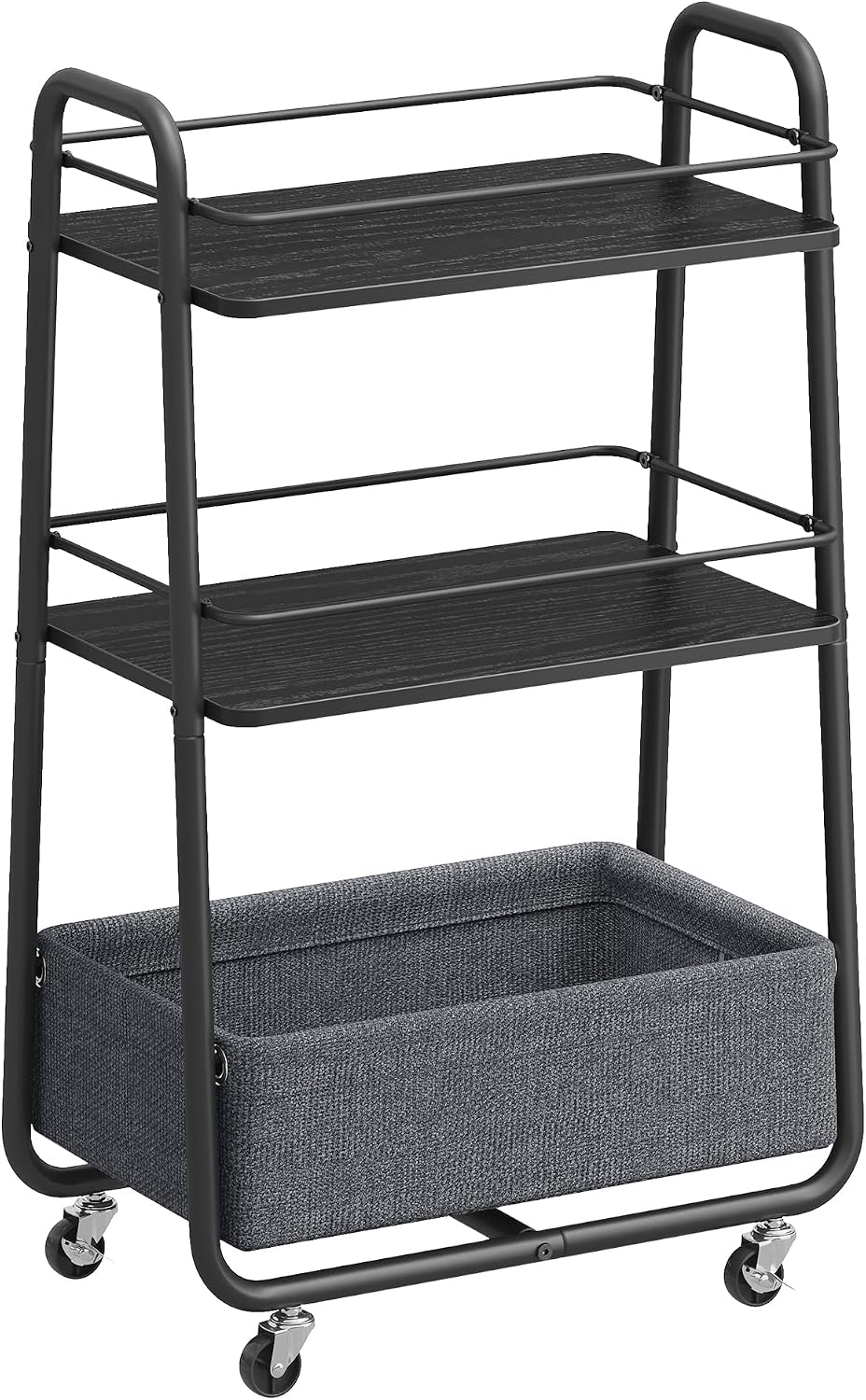 VASAGLE LILEA Collection - Storage Cart with Fabric Basket, 3-Tier Rolling Utility Cart with Wheels and Shelves, for Living Room Bedroom Kitchen, Ebony Black and Slate Gray ULRC001BE02