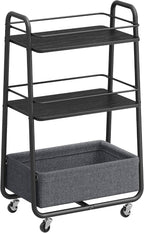 VASAGLE LILEA Collection - Storage Cart with Fabric Basket, 3-Tier Rolling Utility Cart with Wheels and Shelves, for Living Room Bedroom Kitchen, Ebony Black and Slate Gray ULRC001BE02