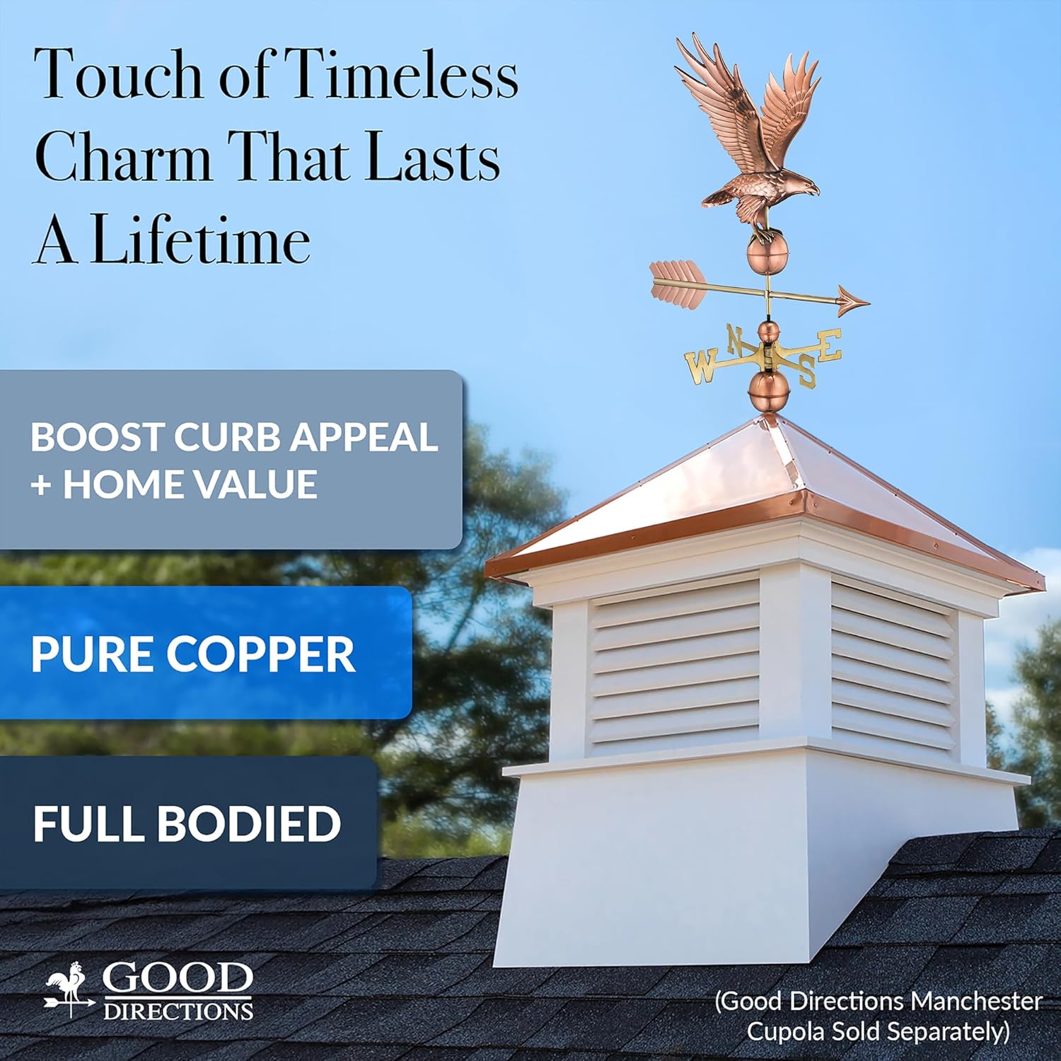Good Directions Polished Copper Eagle Weathervane – Decorative Rooftop Accent for Barns, Homes, Sheds, and Cupolas – Durable & Handcrafted