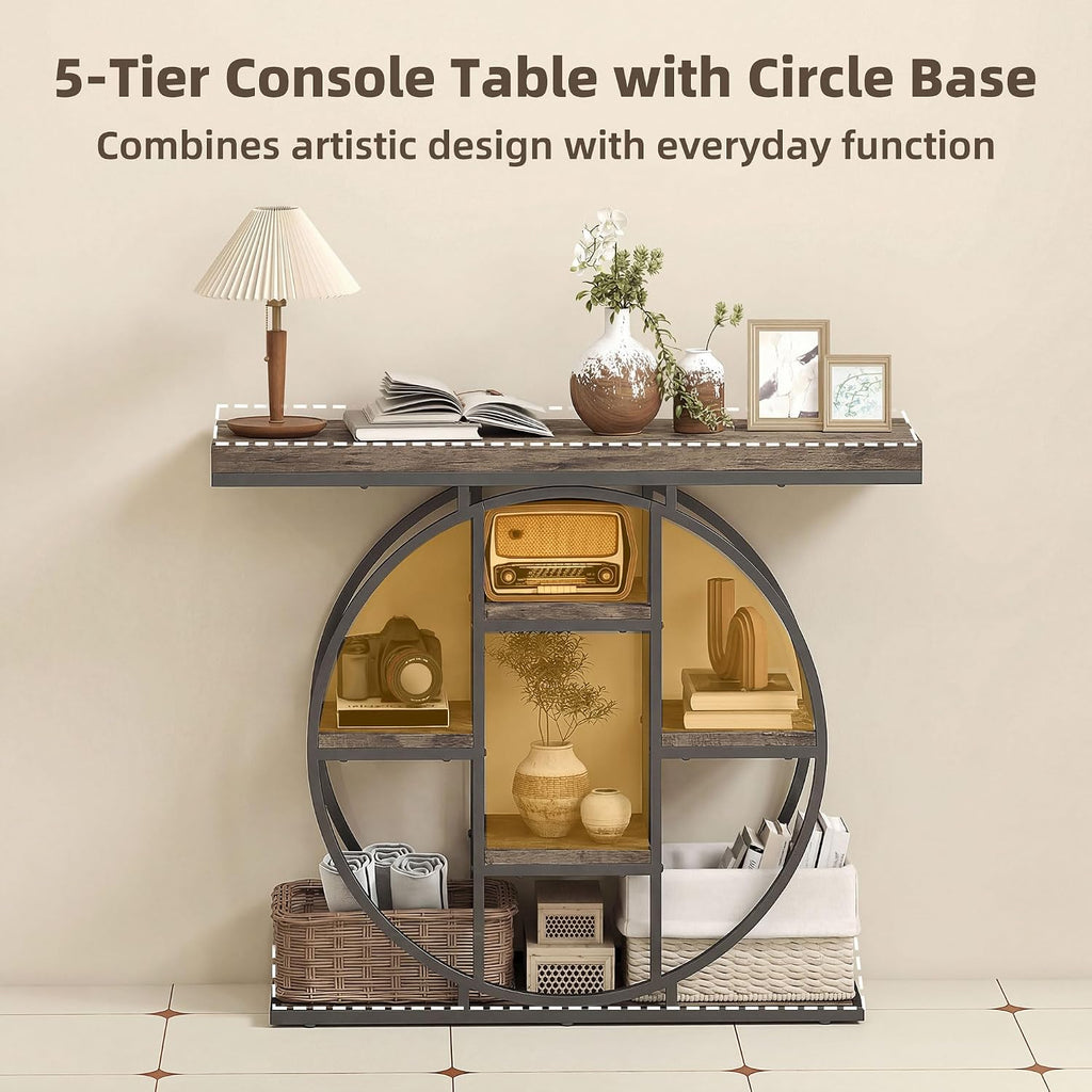 HOMCOM Entryway Table, 39.4" Console Sofa Table with Storage Shelves and Circle Steel Frame, Narrow Wood Accent Tables for Entrance, Hallway, Foyer, Living Room, Rustic Oak