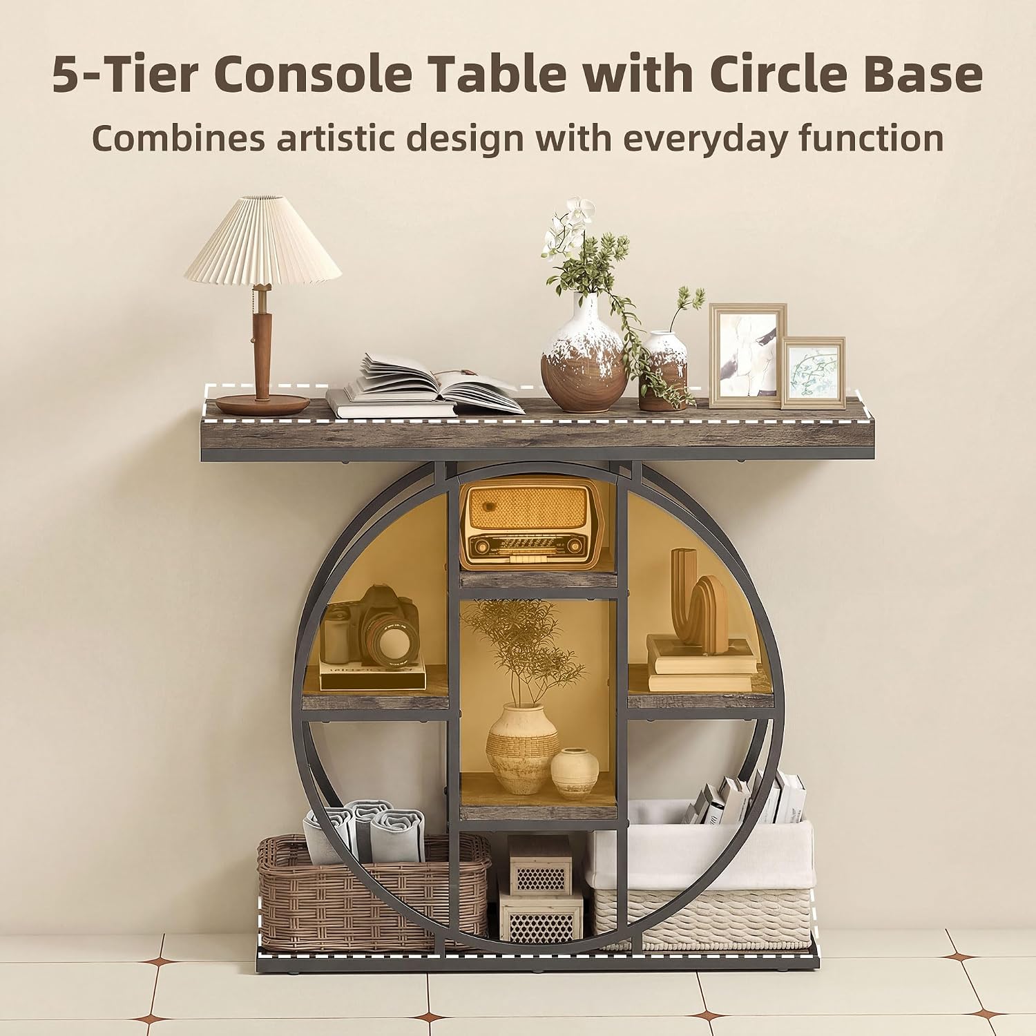 HOMCOM Entryway Table, 39.4" Console Sofa Table with Storage Shelves and Circle Steel Frame, Narrow Wood Accent Tables for Entrance, Hallway, Foyer, Living Room, Rustic Oak