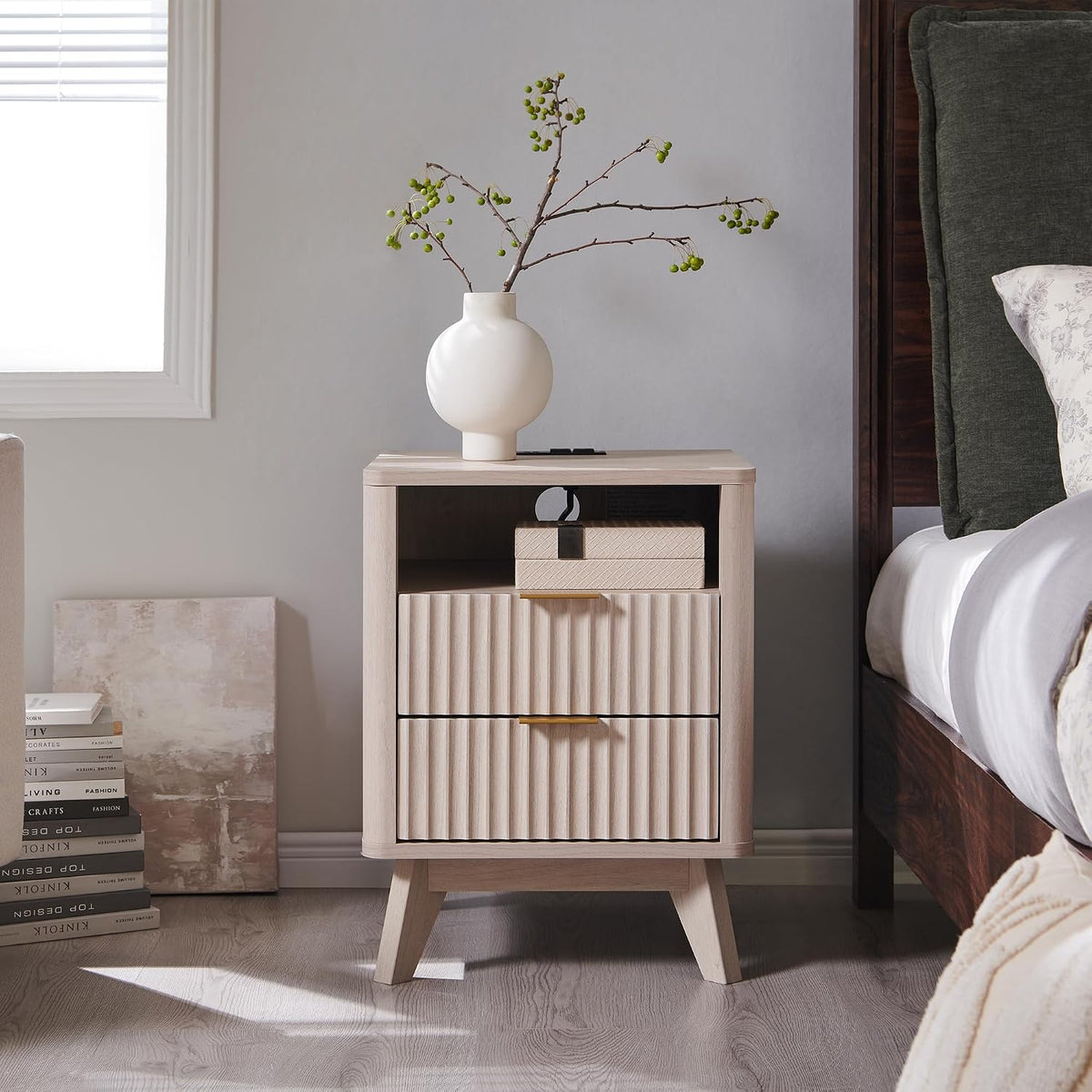 T4TREAM 18" Fluted Nightstand with 2 Drawers Set of 2, White Alder | Charging Station, Open Cubby, Mid Century Modern, Curved Profile, Metal Handles, Smooth Slides, Cable Cutout, Living Room