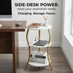 Small Round Side Table with Charging Station, 3-Tier Waist Circular End Table with Storage Shelf, Compact Tea Sofa Side Table Small Spaces, Round Corner Coffee Table for Living Room Bedroon,White+Gold