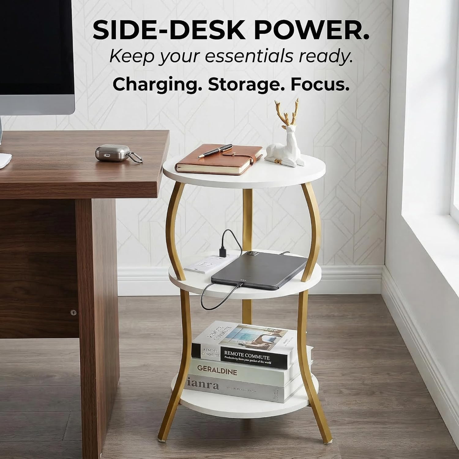 Small Round Side Table with Charging Station, 3-Tier Waist Circular End Table with Storage Shelf, Compact Tea Sofa Side Table Small Spaces, Round Corner Coffee Table for Living Room Bedroon,White+Gold