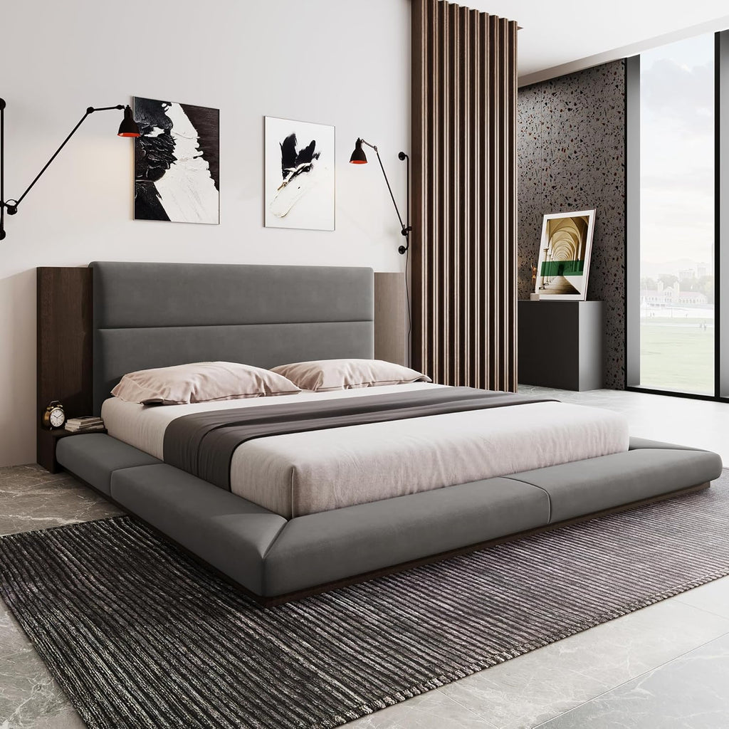 VilroCaz Modern King Size Upholstered Grounded Bed, Velvet Fabric Floor Upholstered Platform Bed with Extended Wood Headboard & Bedside Shelf, No Box Spring Required (King)