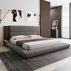 VilroCaz Modern King Size Upholstered Grounded Bed, Velvet Fabric Floor Upholstered Platform Bed with Extended Wood Headboard & Bedside Shelf, No Box Spring Required (King)