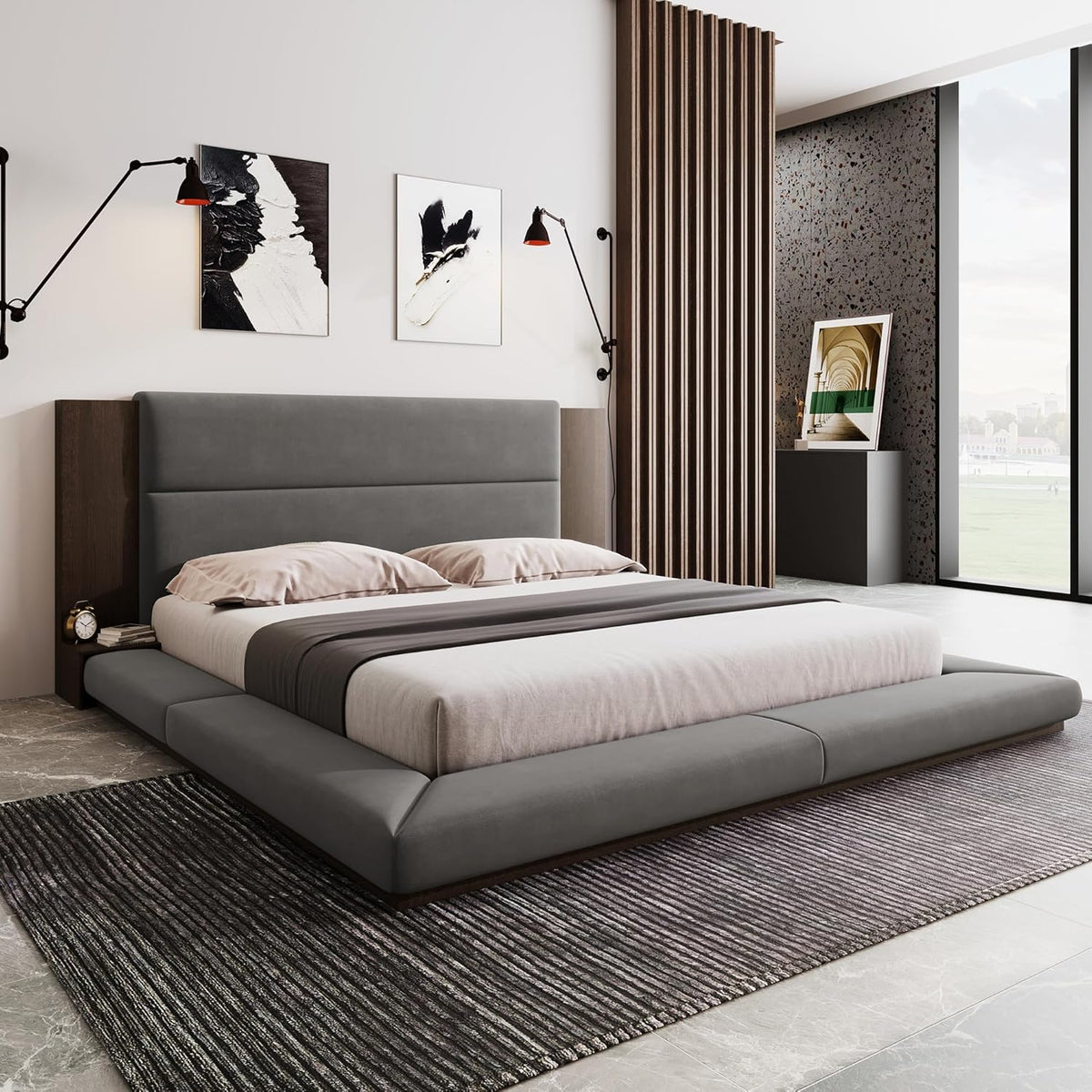 VilroCaz Modern King Size Upholstered Grounded Bed, Velvet Fabric Floor Upholstered Platform Bed with Extended Wood Headboard & Bedside Shelf, No Box Spring Required (King)