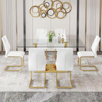 Glass Dining Table Set for 6, Modern Kitchen Table Set for 6, 71" Tempered Glass Tabletop with U-Shaped Gold Base, 7 Ppiece Large Dining Room Table Set with White PU Leather Chairs