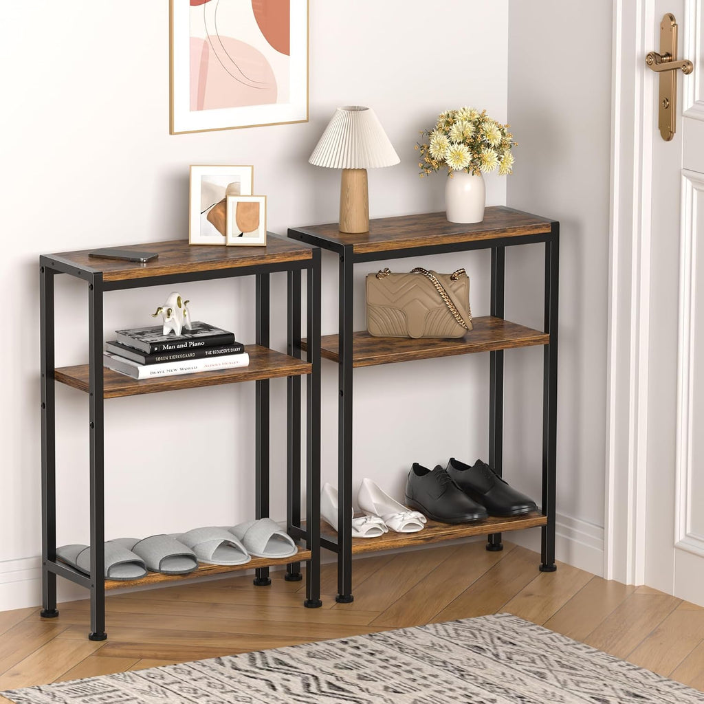 Narrow Side Table for Small Space, 3 Tier Slim End Table, Thin Nightstand, Skinny Snack Couch Table, Sofa Bedside Table in Living Room, Bedroom, Study, Kitchen and Balcony (Rustic Brown)