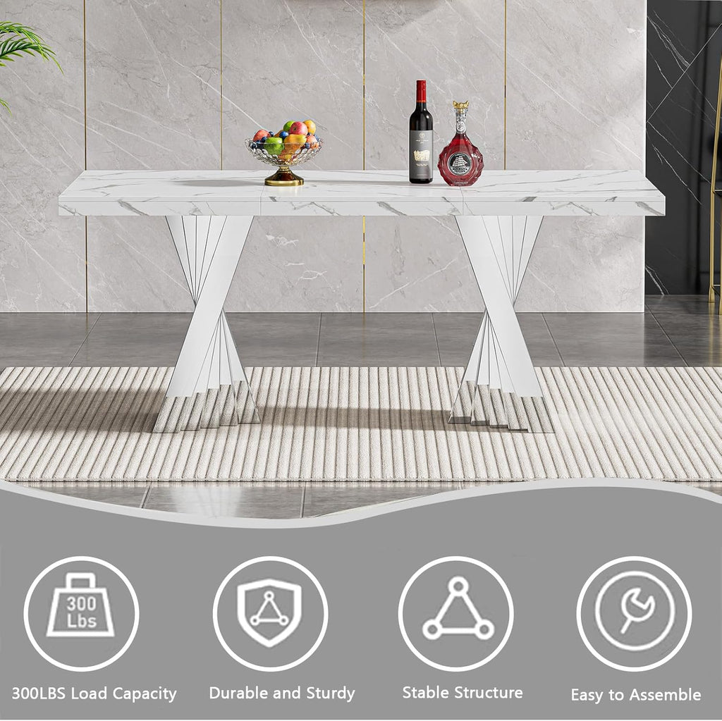 70" Faux Marble White Dining Table for 6, Modern Dining Room Table with 0.71" Marble Printing MDF Top and Flash-Shaped Silver Stainless Steel Base,Rectangular Large Kitchen Dinner Table