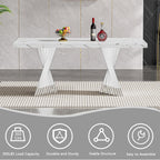 70" Faux Marble White Dining Table for 6, Modern Dining Room Table with 0.71" Marble Printing MDF Top and Flash-Shaped Silver Stainless Steel Base,Rectangular Large Kitchen Dinner Table