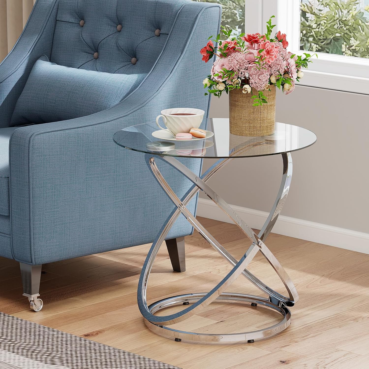 OIOG Glass Round End Table, Modern Contemporary Side Table for Small Space with Tempered Glass Tabletop for Living Room, Chrome Finish