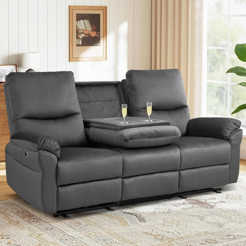 Reclining Sofa, Power Reclining Sofa with Drop-Down Table & Cup Holders, Modern 3 Seat Power Reclining Couch, Wall Hugger Sofa Recliner for Living Room Furniture Sets(Dark Gray)