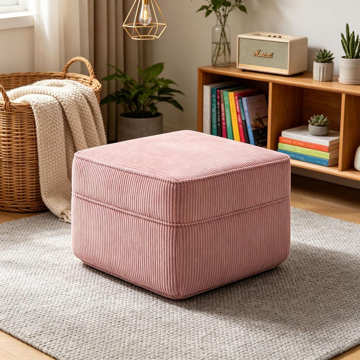 Corduroy Ottoman 30.3 Inch - No Assembly Needed Foot Rest Stool, Plush Sag-Free Cloud Ottoman for Living/Bedroom (Pink)