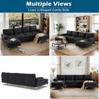 VINGLI 110" Modern Sectional Couch with 51" D Double Chaise, Black Deep Seat U Shaped Couch with Removable Pillows & Metal Legs, Comfy 4-Seat Sofas for Living Room, Linen Fabric