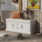 GDFStudio Jasd 42.50" Storage Bench with 2 Drawers and 2 Cabinets, Shoe Bench with Removable Cushion, Solid Wood Frame Storage Ottoman, Rectangular Cabinet Shoe Seat for Living Room Entryway, White