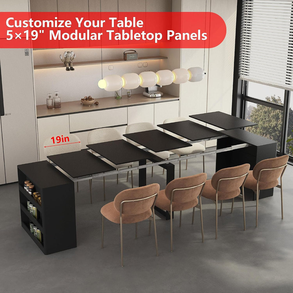 28" - 123" Large Extendable Dining Table, Expandable Table for 2-10 People with Side Storage Shelves, Multi-Functional Wood Kitchen & Conference Desk, Black