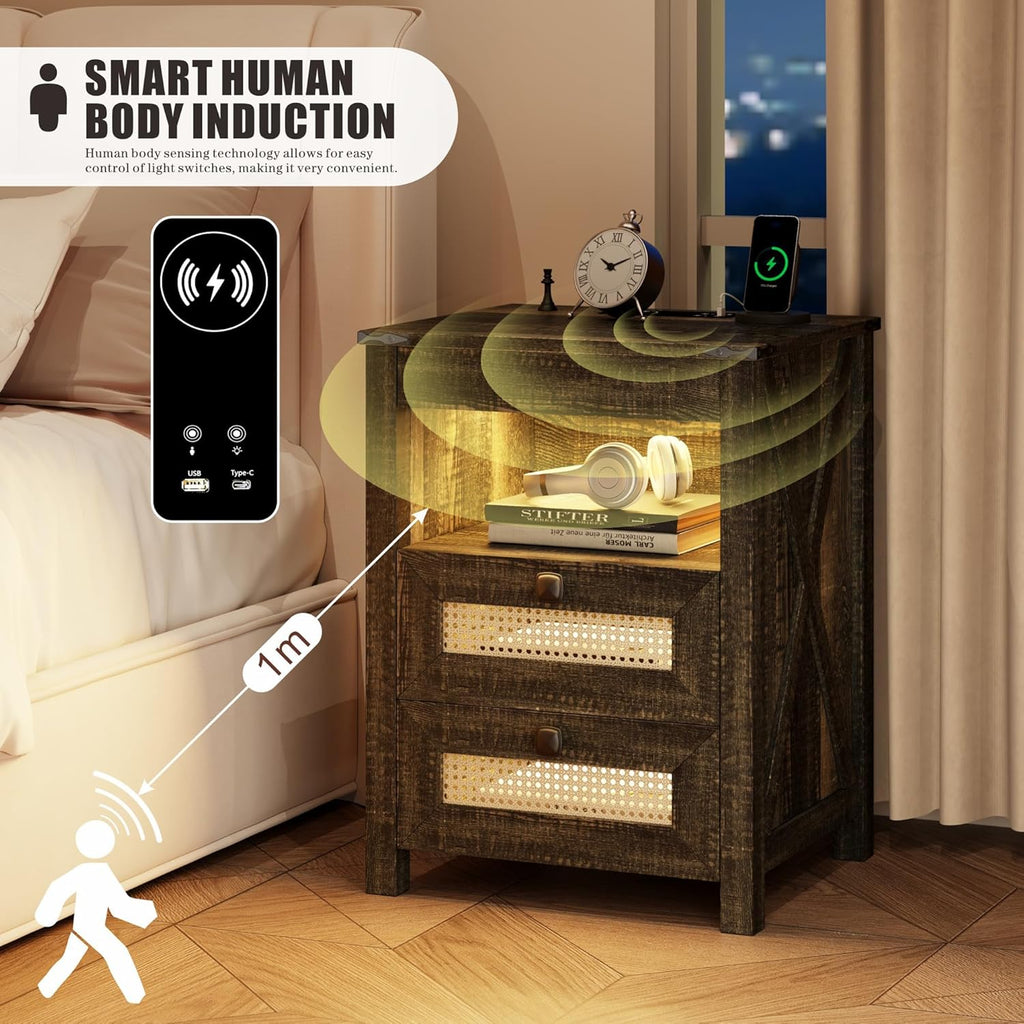 Farmhouse Night Stand with Gun Drawer, Bedside Table with Charger Station, LED Nightstand with Human Sensor Light, Smart End Table for Bedroom Livingroom, Rustic