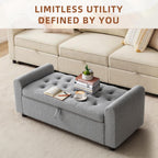 48" Ottoman with Storage, Tufted Storage Ottoman Bench, Convenient Living Room Fabrics Bench Seat, Entryway Shoe Benches with Inner Zipper & Arm, Rivetless Upholstered Window Seat Ottomans, Dark Grey