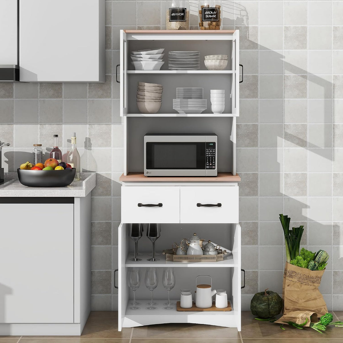 Wooden Kitchen Pantry Cabinet with Framed Glass Doors & Drawer – Microwave Storage Hutch with Adjustable Shelves & Anti-Topple Design