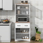 66.9'' Kitchen Pantry Cabinet, White Pantry Storage Microwave Cabinet with Glass Doors, Adjustable Shelves, Drawer, Freestanding Larder Cupboard for Kitchen, Dining Room